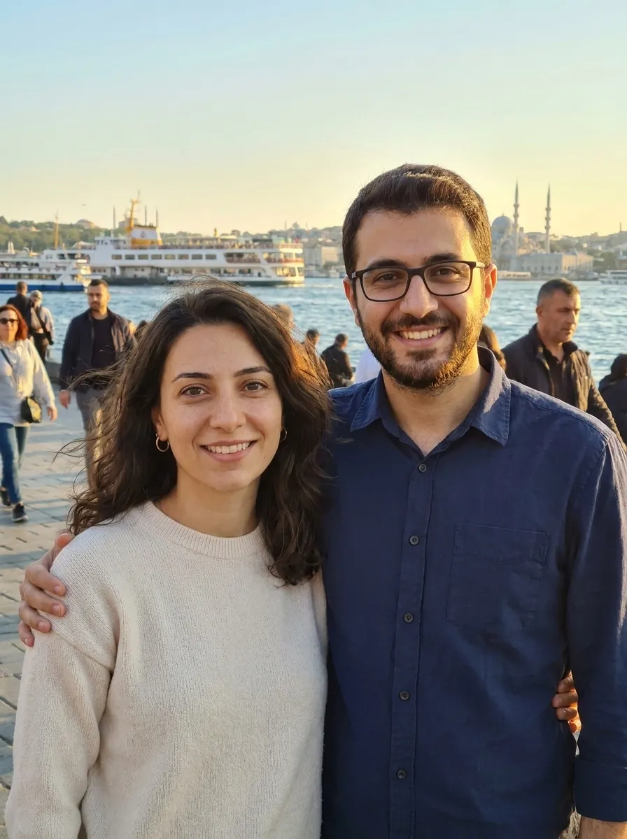 Gün batımında sahil yolunda yan yana gülümseyen bir çift; arkada vapurlar ve bir cami silueti