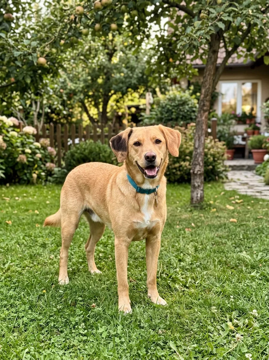 Meyve ağaçlı bir bahçede çimenlerin üstünde duran, turkuaz tasmalı, bir kulağında koyu leke olan altın sarısı melez bir köpek