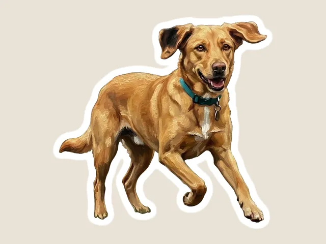 Aynı köpek, arka planı kesilmiş, beyaz kesim kenarlı bir sticker olarak