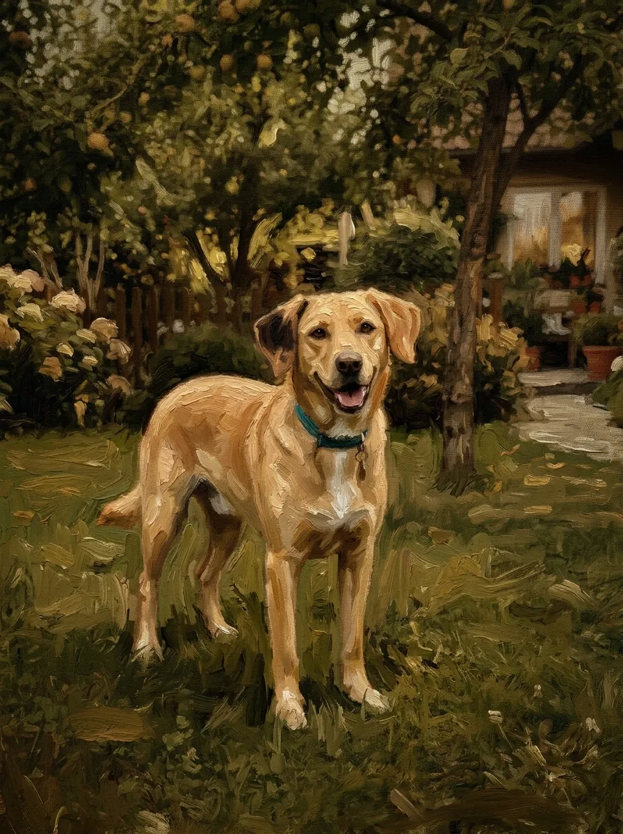 Aynı köpek yağlı boya tarzında, meyve ağaçlı bahçede, kulağındaki koyu lekesi ve turkuaz tasmasıyla