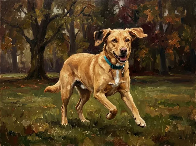 Köpek Karamel, parkta koşarken, yağlı boya tarzında bir resim