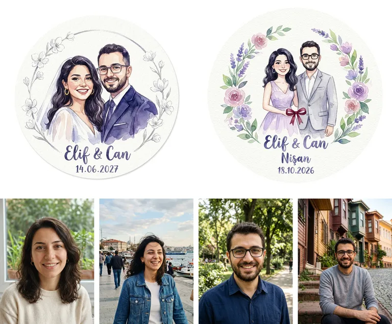 Üstte sulu boya tarzında iki yuvarlak etiket: “Elif & Can / 14.06.2027” yazılı nikah şekeri etiketi ve nişan etiketi; altta çiftin dört kaynak fotoğrafı