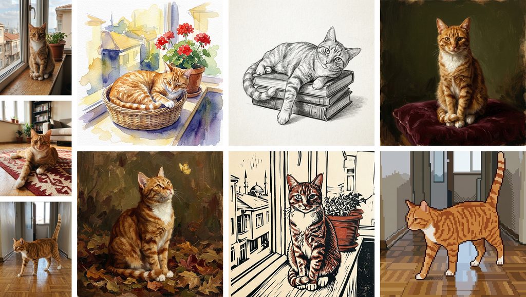 Solda turuncu tekir kedi Tarçın'ın üç fotoğrafı; sağda aynı kedinin altı görseli: sulu boya, karakalem, iki yağlı boya, linol baskı ve pixel art tarzlarında