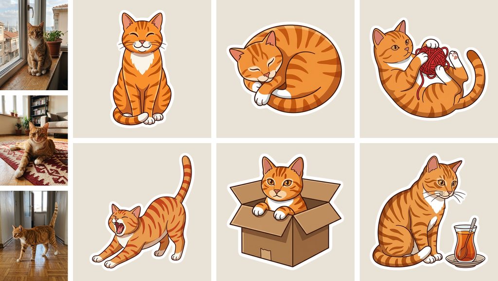 Solda kedi Tarçın'ın üç fotoğrafı; sağda aynı kedinin aynı çizgi film tarzında altı sticker'ı: gülümserken, uyurken, yün yumağıyla, esnerken, kutunun içinde ve çay bardağının yanında